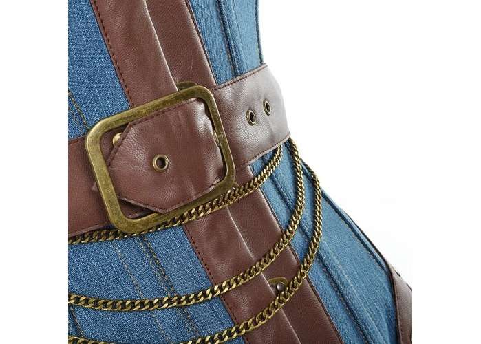 Denim Overbust Corset With Brown Faux Leather Buckle Detail