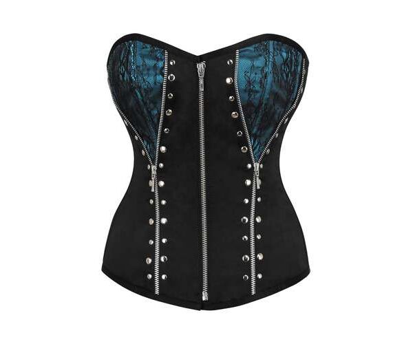 Turquoise and Black Overbust Corset with Zips
