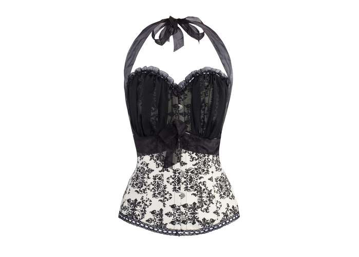 Black And Cream Damask Print Halterneck Corset