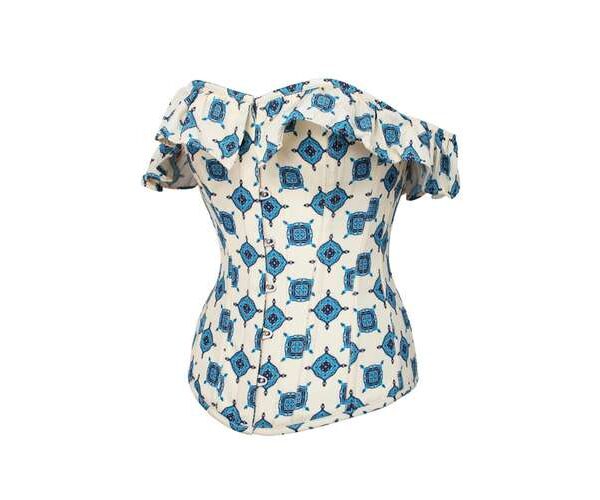 Blue And Ivory Medallion Corset Bustier Top With Bardot Sleeve