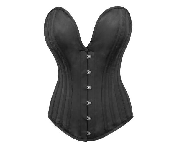 Black Satin Overbust Corset Bustier Top with Plunge Neckline