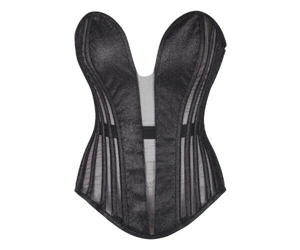 Black Satin Corset with Plunge Neckline Mesh Panels & Side Zip