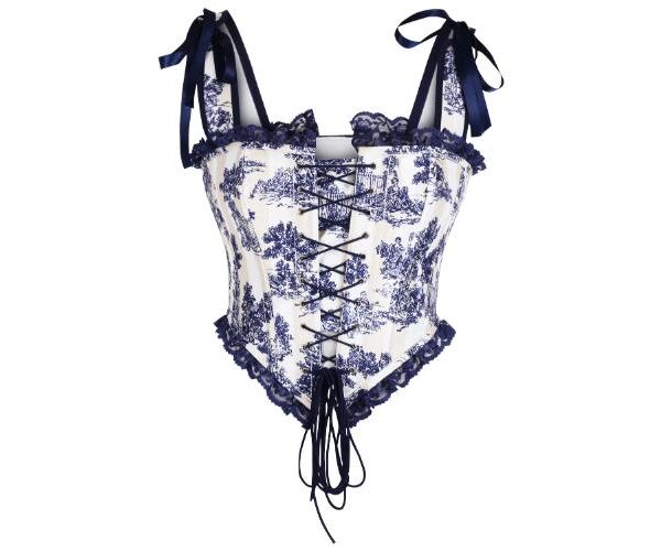 Château Daydream Satin Corset Top – Blue Toile Romance
