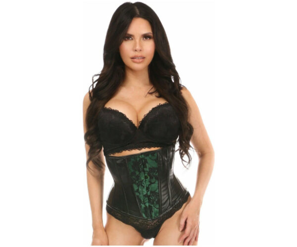 Lavish Wet Look Under Bust Waspie Leather Corset Green w/Lace Overlay