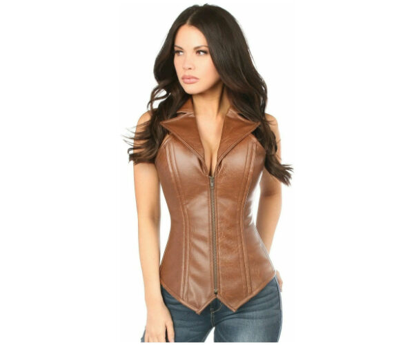 Premium Leather Collared Steel Boned Corset Camel Brown Halter Neck Top