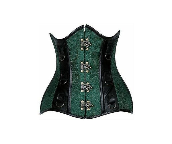 Premium Strapless Dark Green Brocade & Leather Underbust SteamPunk Corset