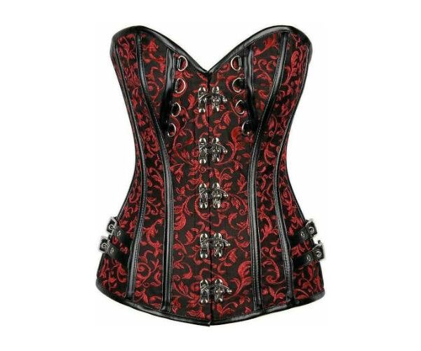 Gothic Red Brocade & Leather Steel Boned Corset Top Halloween Party Costume