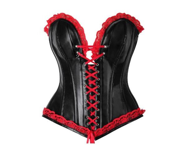 Black Faux Leather & Red Lace Strapless Halloween Corset Costume