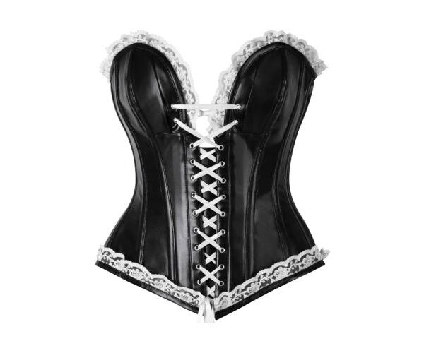 Black Faux Leather & White Lace Strapless Halloween Corset Costume