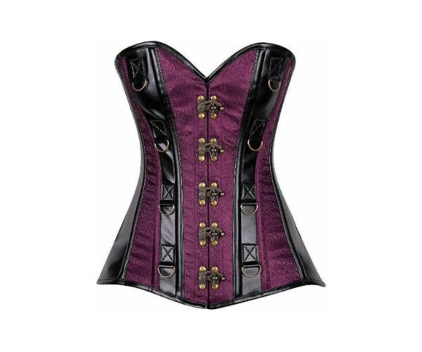 Premium Strapless Plum Brocade & Leather Steel Boned Punk Corset