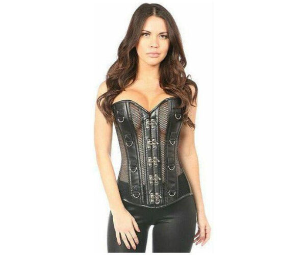 Gothic Black Faux Leather & Fishnet Halloween Steel Boned Corset