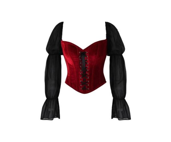 Premium Dark Red Velvet Leather Halloween Costume Corset w/Sleeves