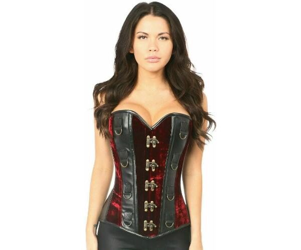 Halloween Party Wear Red Velvet & Faux Leather Steel Boned Corset Top