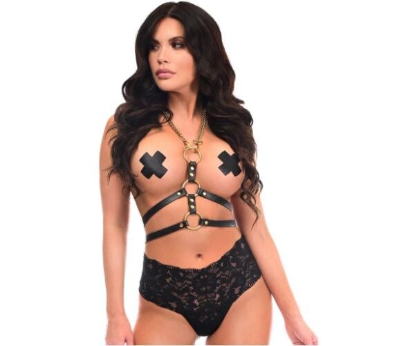 Black & Gold Faux Leather Women Body Harness Cosplay