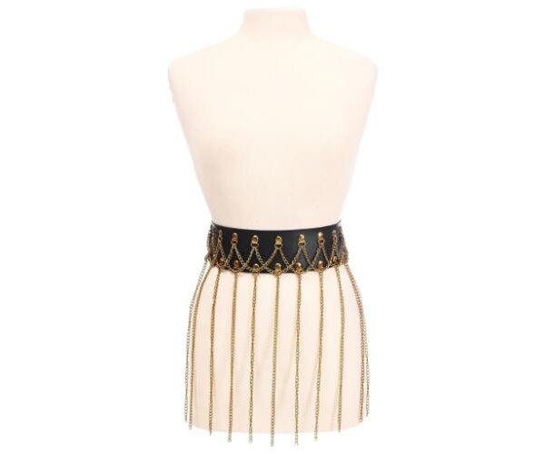 Black Faux Leather & Gold Metallic Chain Fringe Skirt