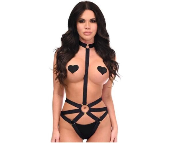 BOXED Black Stretchy Body Harness Bodysuit Gold Hardware