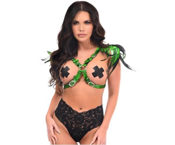 Green Holo Shoulder Fringe Transparent Cup Chest Body Harness Brallete