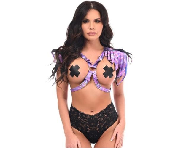 Lavender Holo Shoulder Fringe Transparent Cup Chest Body Harness Brallete