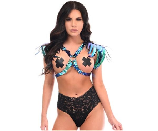 Teal/Blue Holo Shoulder Fringe Open Cup Chest Body Harness