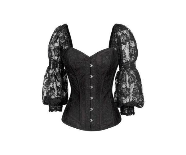 Gothic Top Drawer Black w/Black Lace Steel Boned Long Sleeve Corset