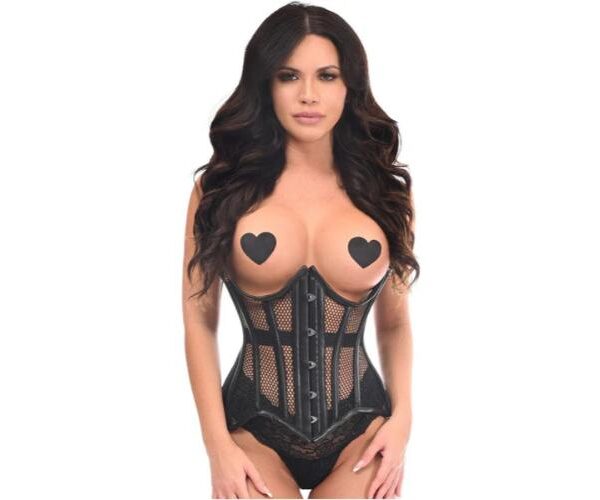 Black Mesh & Faux Leather Steel Boned Underwire Curvy Cut Waist Cincher Gothic Corset