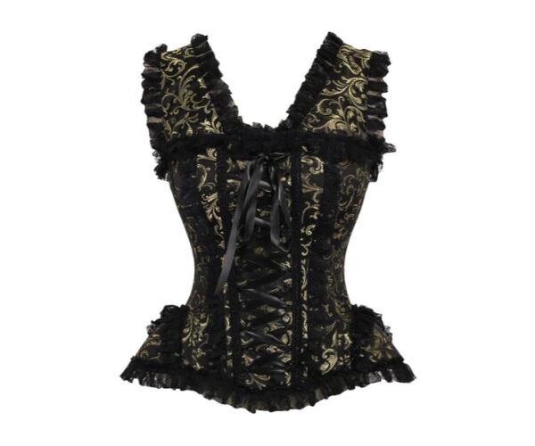 Halloween Gold/Black Swirl Brocade & Lace Steel Boned Corset Dress