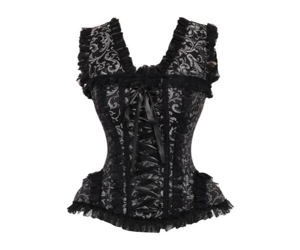 Halloween Silver/Black Swirl Brocade & Lace Steel Boned Corset Top