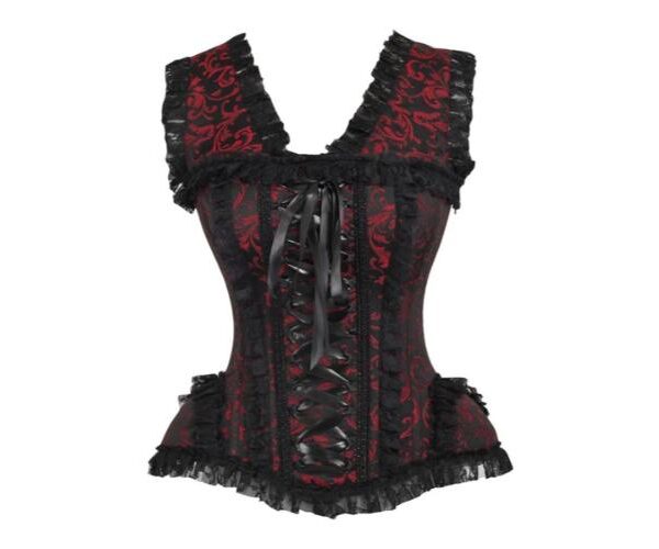 Gothic Red/Black Swirl Brocade & Lace Steel Boned Corset Top Party Wear