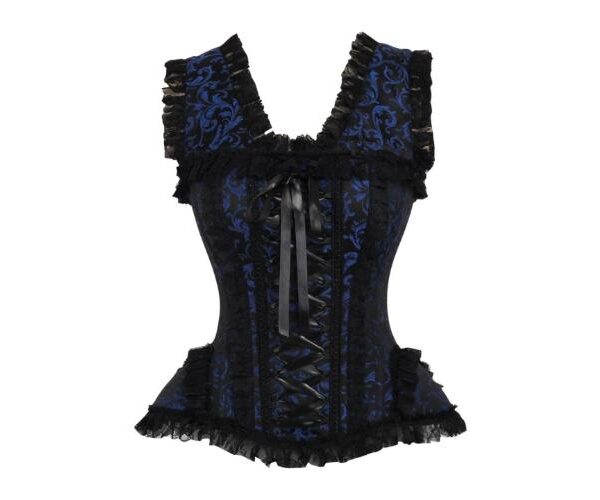 Blue/Black Swirl Brocade & Lace Steel Boned Corset Top Party Wear
